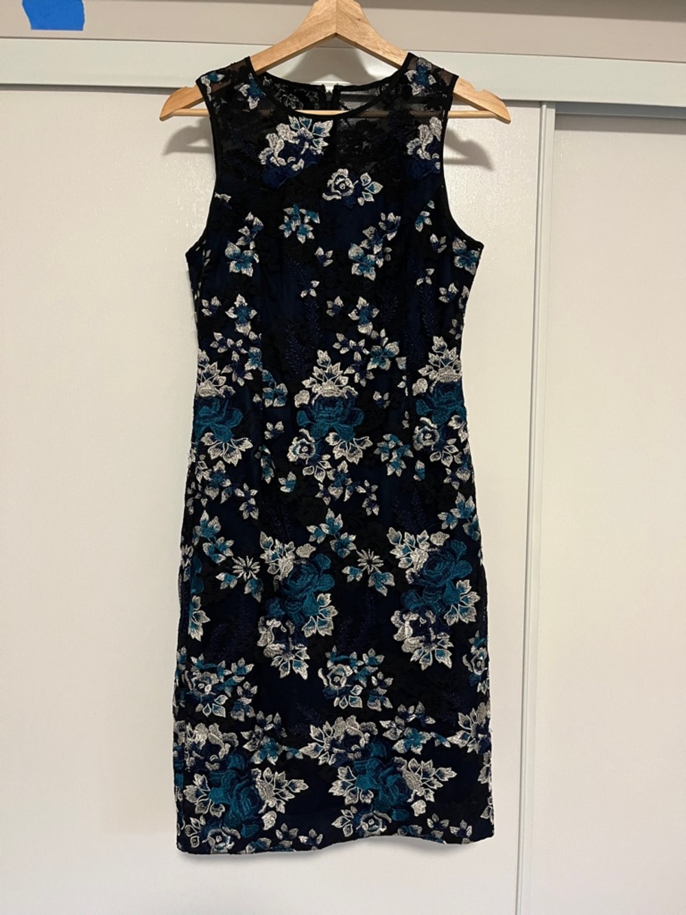 Sleeveless Navy Floral Lace Midi Dress with Teal and White Embroidery